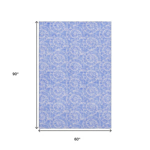 HomeRoots 5' Blue & Ivory Geometric Washable Area Rug – Stain-Resistant, UV Protected for Durability & Style 646099
