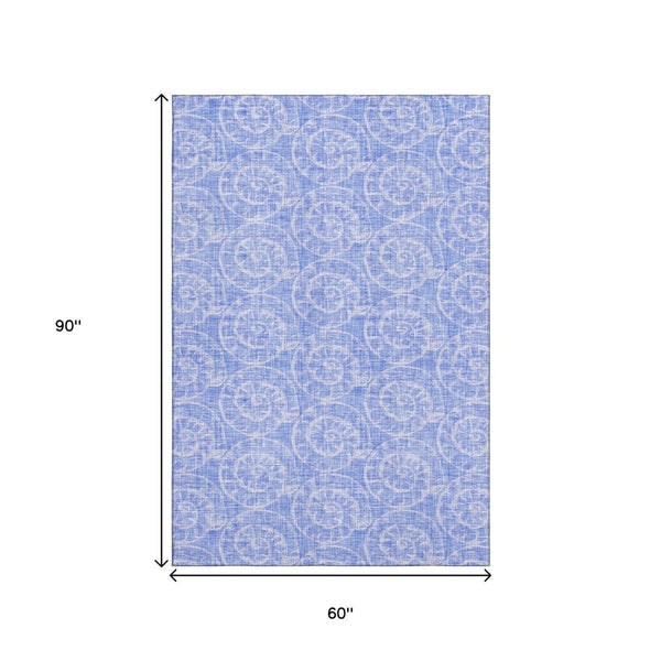 HomeRoots 5' Blue & Ivory Geometric Washable Area Rug – Stain-Resistant, UV Protected for Durability & Style 646099