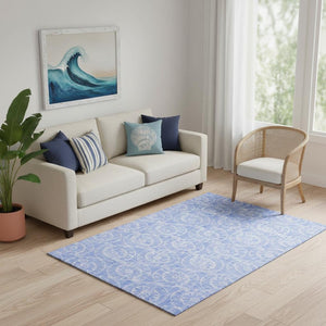 HomeRoots 5' Blue & Ivory Geometric Washable Area Rug – Stain-Resistant, UV Protected for Durability & Style 646099