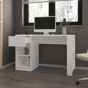 English Elm Menlo Desk in White — Compact Engineered Wood Office Desk with Drawer & Open Shelves for Organized Workspaces B092P254747