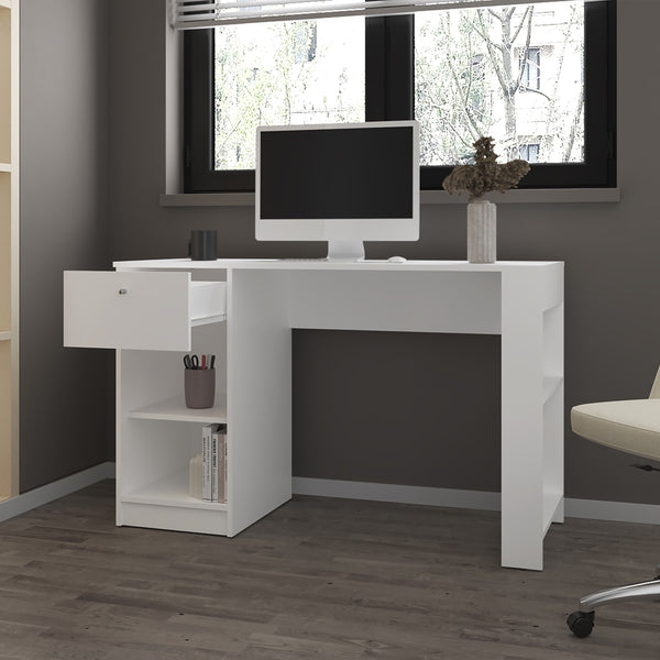 English Elm Menlo Desk in White — Compact Engineered Wood Office Desk with Drawer & Open Shelves for Organized Workspaces B092P254747