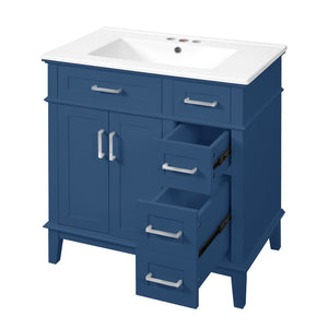 English Elm 30" Freestanding Bathroom Vanity Ceramic Sink Soft Close Cabinet Gray Wood Frame Blue N729P427118C
