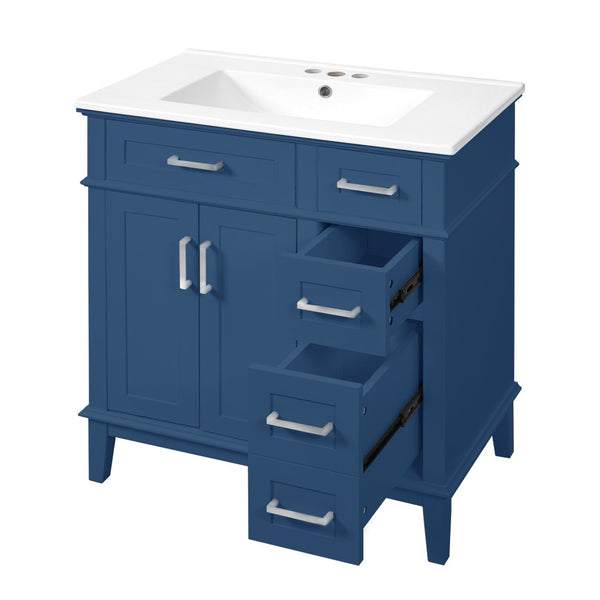 English Elm 30" Freestanding Bathroom Vanity Ceramic Sink Soft Close Cabinet Gray Wood Frame Blue N729P427118C
