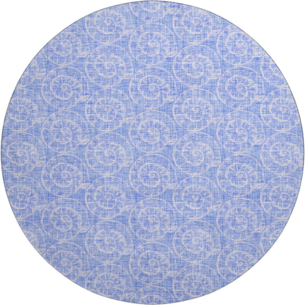 HomeRoots 8' Blue And Ivory Geometric Round Rug - UV Protected, Washable, Durable Design for Homes & Patios 646100