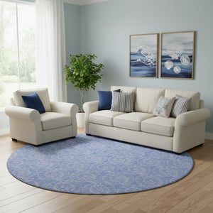 HomeRoots 8' Blue And Ivory Geometric Round Rug - UV Protected, Washable, Durable Design for Homes & Patios 646100