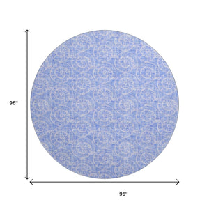 HomeRoots 8' Blue And Ivory Geometric Round Rug - UV Protected, Washable, Durable Design for Homes & Patios 646100