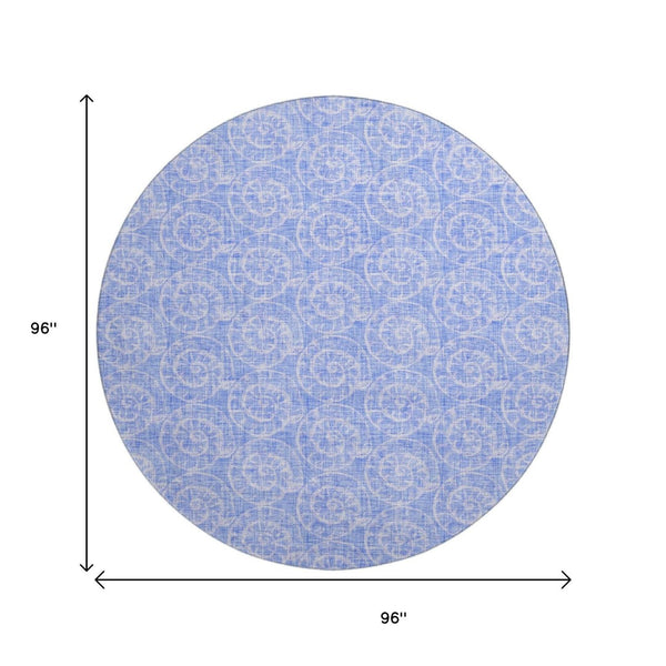 HomeRoots 8' Blue And Ivory Geometric Round Rug - UV Protected, Washable, Durable Design for Homes & Patios 646100