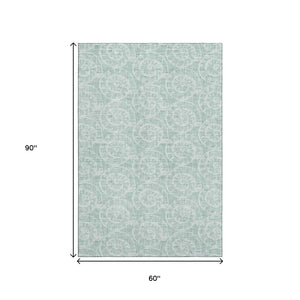 HomeRoots 5' X 8' Coastal Green & Ivory Geometric Area Rug - Washable, UV Protected, Stain-Resistant Design 646111