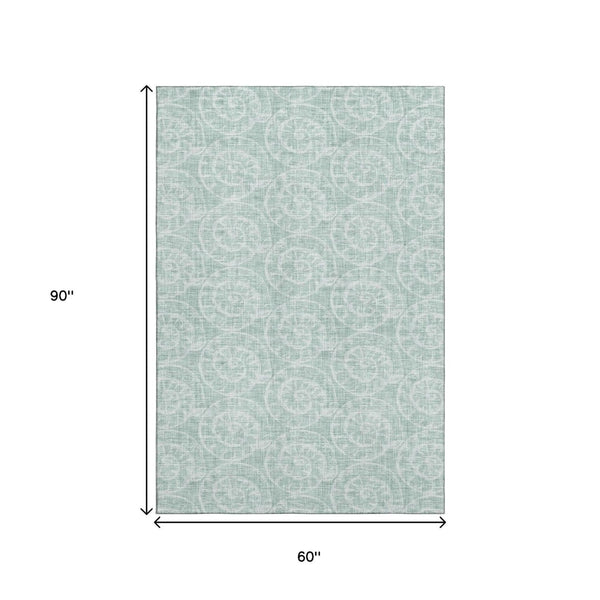 HomeRoots 5' X 8' Coastal Green & Ivory Geometric Area Rug - Washable, UV Protected, Stain-Resistant Design 646111