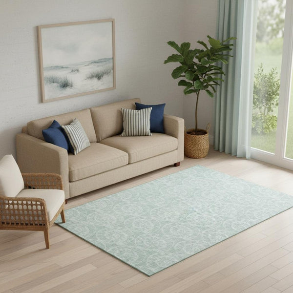 HomeRoots 5' X 8' Coastal Green & Ivory Geometric Area Rug - Washable, UV Protected, Stain-Resistant Design 646111
