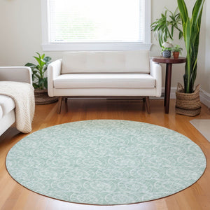 HomeRoots 8' Green And Ivory Geometric Round Rug – Stylish, Washable, UV-Protected for Indoor & Outdoor Use! 646112