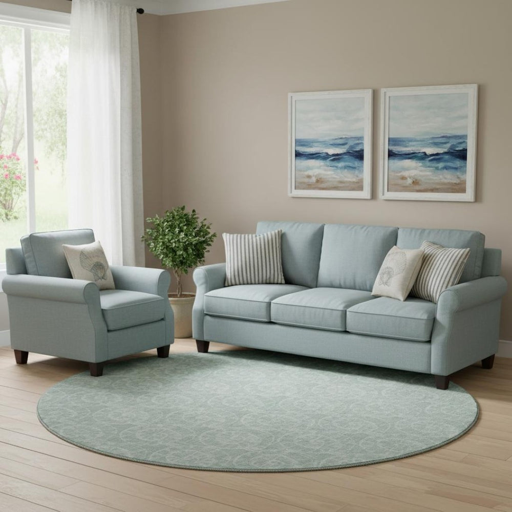 HomeRoots 8' Green And Ivory Geometric Round Rug – Stylish, Washable, UV-Protected for Indoor & Outdoor Use! 646112