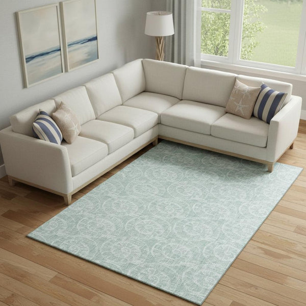 HomeRoots 10' X 14' Green and Ivory Geometric Area Rug - Washable, UV-Protected, Perfect for Busy Homes! 646115