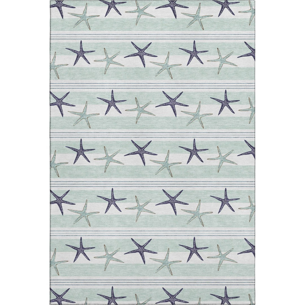 HomeRoots 5' Geometric Aqua Navy Blue and Ivory Washable Area Rug with UV Protection for Modern Homes 646123