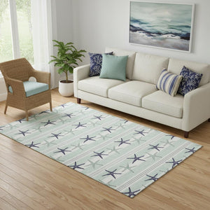 HomeRoots 5' Geometric Aqua Navy Blue and Ivory Washable Area Rug with UV Protection for Modern Homes 646123