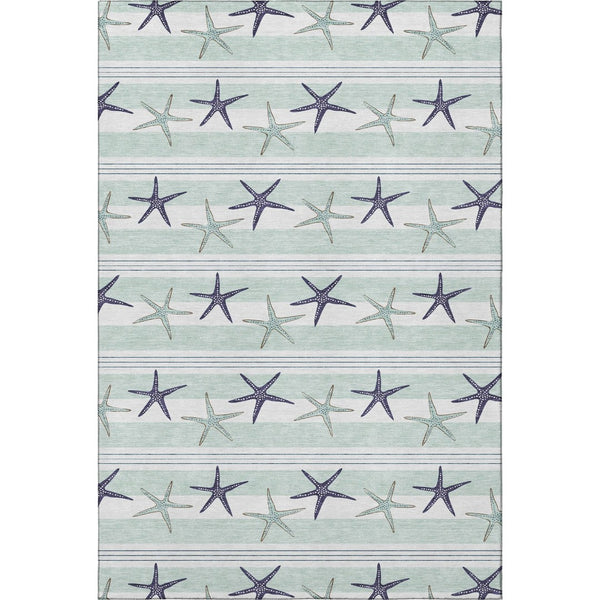 HomeRoots 5' Geometric Aqua Navy Blue and Ivory Washable Area Rug with UV Protection for Modern Homes 646123