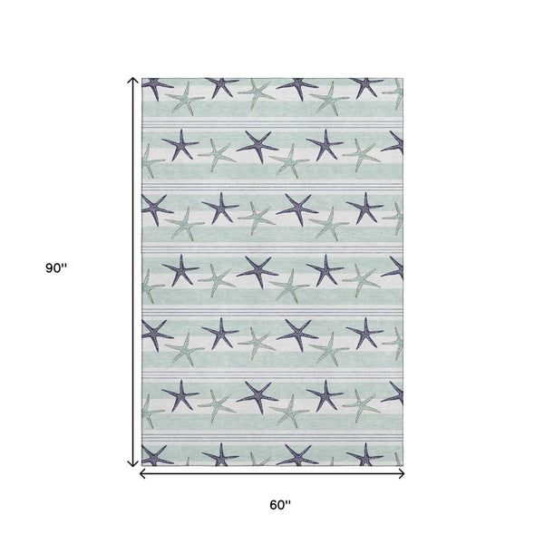 HomeRoots 5' Geometric Aqua Navy Blue and Ivory Washable Area Rug with UV Protection for Modern Homes 646123