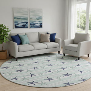 HomeRoots 8' Aqua Navy Blue Geometric Round Rug - Washable, UV-Protected, Modern Style for Any Space! 646124