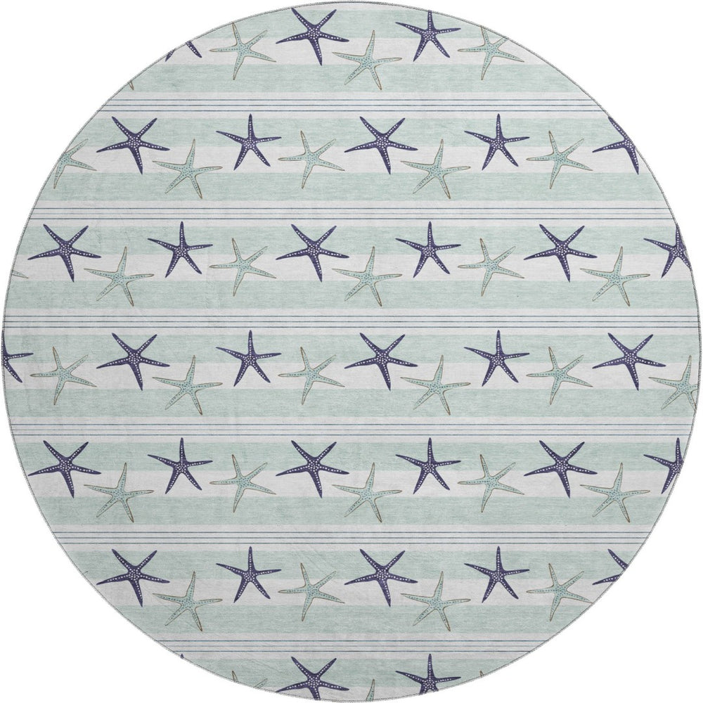 HomeRoots 8' Aqua Navy Blue Geometric Round Rug - Washable, UV-Protected, Modern Style for Any Space! 646124