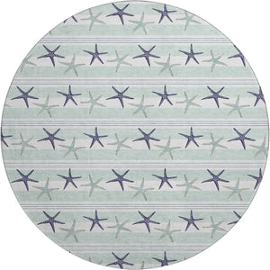 HomeRoots 8' Aqua Navy Blue Geometric Round Rug - Washable, UV-Protected, Modern Style for Any Space! 646124