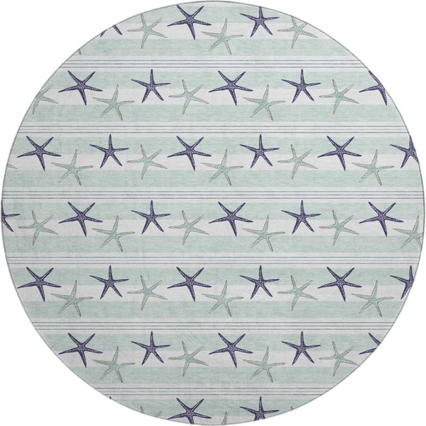 HomeRoots 8' Aqua Navy Blue Geometric Round Rug - Washable, UV-Protected, Modern Style for Any Space! 646124