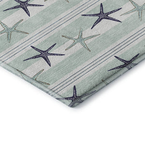 HomeRoots 8' Aqua Navy Blue Geometric Round Rug - Washable, UV-Protected, Modern Style for Any Space! 646124
