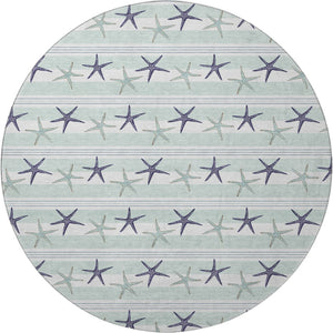 HomeRoots 8' Aqua Navy Blue Geometric Round Rug - Washable, UV-Protected, Modern Style for Any Space! 646124