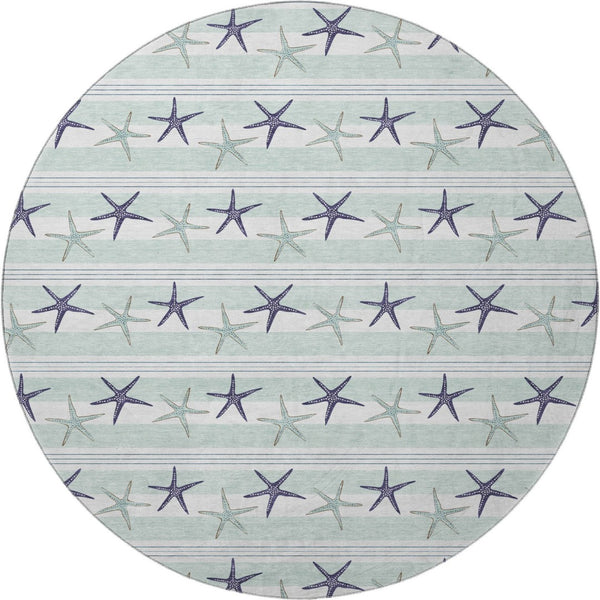 HomeRoots 8' Aqua Navy Blue Geometric Round Rug - Washable, UV-Protected, Modern Style for Any Space! 646124