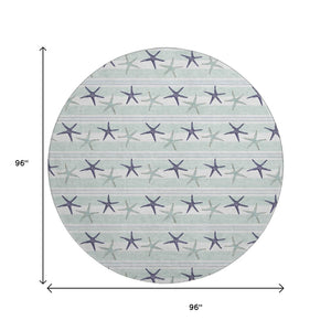 HomeRoots 8' Aqua Navy Blue Geometric Round Rug - Washable, UV-Protected, Modern Style for Any Space! 646124