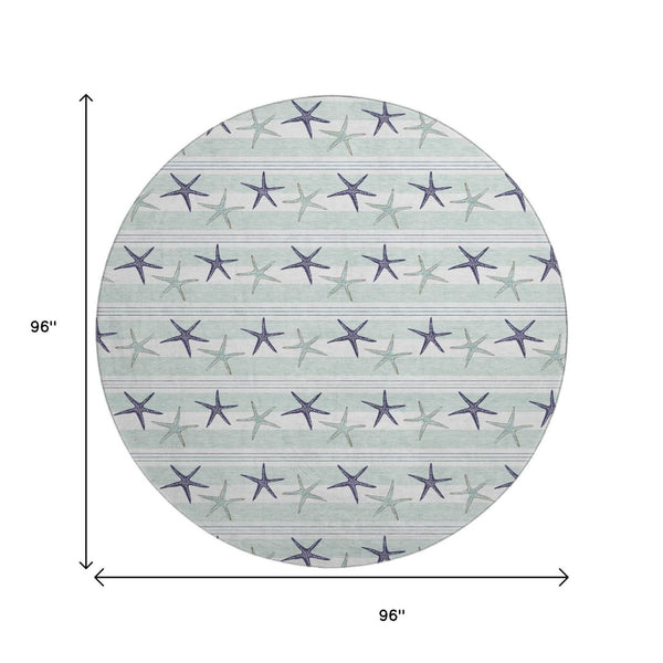 HomeRoots 8' Aqua Navy Blue Geometric Round Rug - Washable, UV-Protected, Modern Style for Any Space! 646124