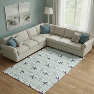 HomeRoots 8' X 10' Stylish Aqua Navy Blue and Ivory Geometric Washable Area Rug with UV Protection! 646125