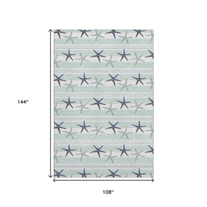 HomeRoots 9' X 12' Coastal Aqua Navy Blue Ivory Geometric Washable Area Rug with UV Protection & Durability 646126