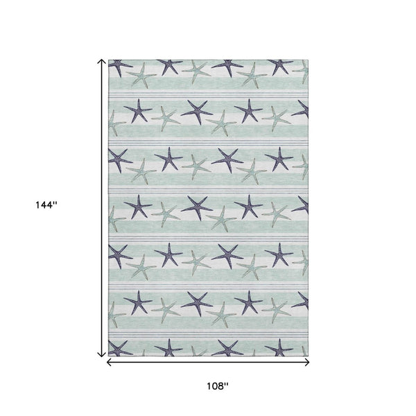 HomeRoots 9' X 12' Coastal Aqua Navy Blue Ivory Geometric Washable Area Rug with UV Protection & Durability 646126