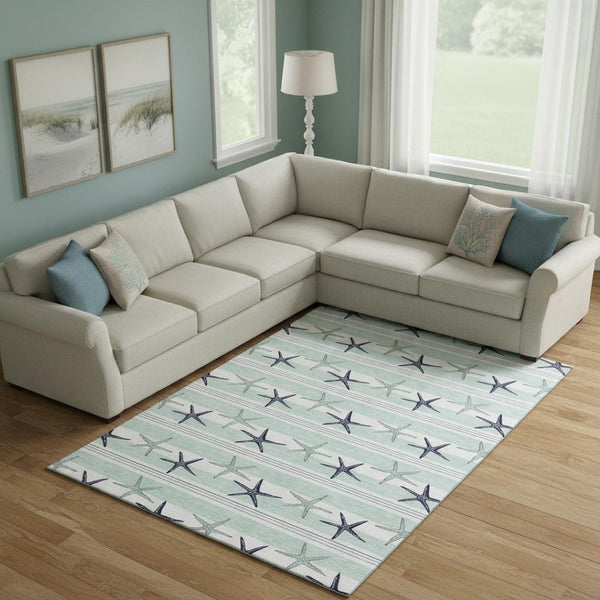 HomeRoots 9' X 12' Coastal Aqua Navy Blue Ivory Geometric Washable Area Rug with UV Protection & Durability 646126