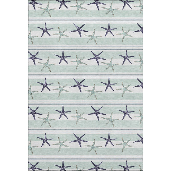 HomeRoots 9' X 12' Coastal Aqua Navy Blue Ivory Geometric Washable Area Rug with UV Protection & Durability 646126