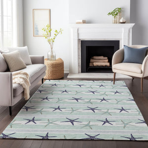 HomeRoots 9' X 12' Coastal Aqua Navy Blue Ivory Geometric Washable Area Rug with UV Protection & Durability 646126