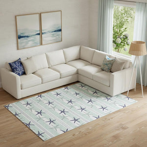HomeRoots 10' X 14' Aqua Navy Blue Geometric Area Rug - Washable, UV Protected, Ideal for Coastal Spaces! 646127