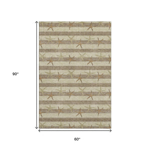 HomeRoots 5' X 8' Tan Gold Beige Geometric Area Rug - Washable, UV Protected, Stylish & Durable for Homes 646129