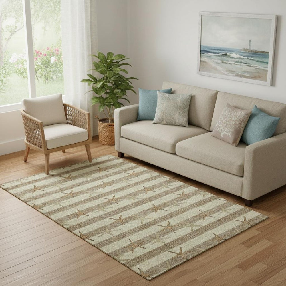 HomeRoots 5' X 8' Tan Gold Beige Geometric Area Rug - Washable, UV Protected, Stylish & Durable for Homes 646129