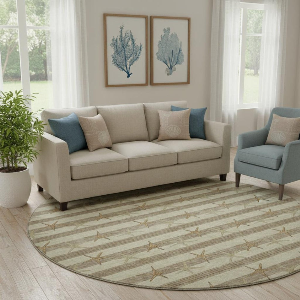 HomeRoots 8' Tan Gold and Beige Geometric Round Rug – Washable, UV Protected, Durable for Busy Homes 646130