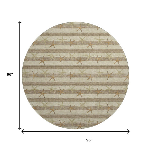 HomeRoots 8' Tan Gold and Beige Geometric Round Rug – Washable, UV Protected, Durable for Busy Homes 646130