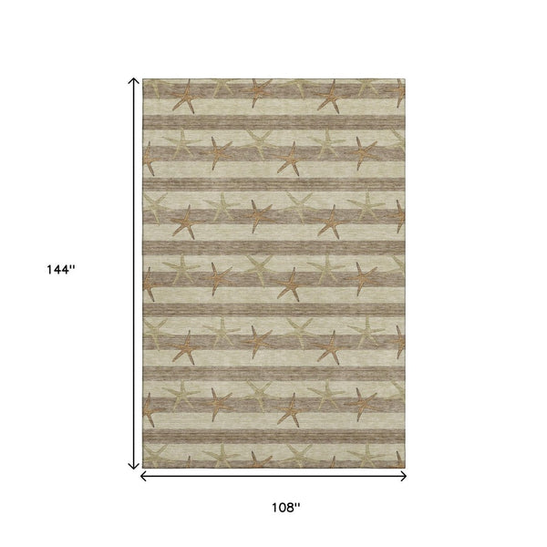HomeRoots 9' X 12' Geometric Washable Area Rug in Tan Gold and Beige - Stylish, Durable, UV-Protected Design 646132