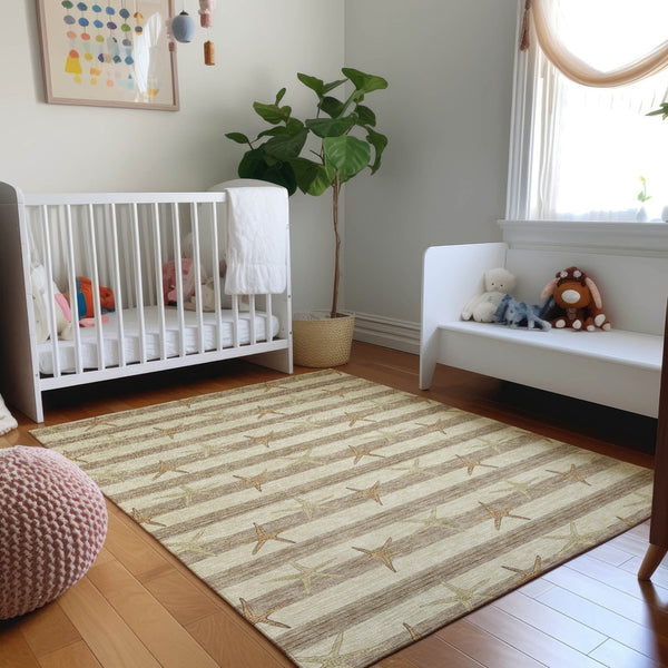 HomeRoots 9' X 12' Geometric Washable Area Rug in Tan Gold and Beige - Stylish, Durable, UV-Protected Design 646132