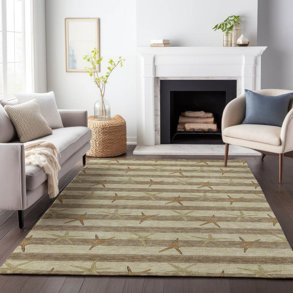 HomeRoots 9' X 12' Geometric Washable Area Rug in Tan Gold and Beige - Stylish, Durable, UV-Protected Design 646132