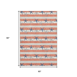 HomeRoots 5' X 8' Coral Ivory Navy Blue Geometric Area Rug – Washable, UV Protected, Durable for Homes & Patios 646135
