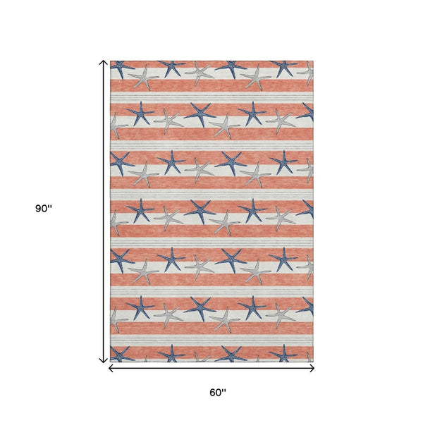 HomeRoots 5' X 8' Coral Ivory Navy Blue Geometric Area Rug – Washable, UV Protected, Durable for Homes & Patios 646135