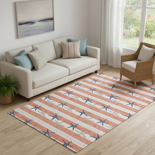 HomeRoots 5' X 8' Coral Ivory Navy Blue Geometric Area Rug – Washable, UV Protected, Durable for Homes & Patios 646135