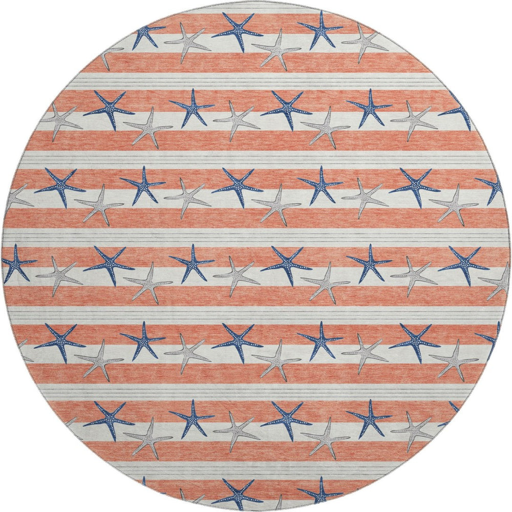 HomeRoots 8' Coral Ivory and Navy Blue Geometric Round Rug – Durable, Washable, UV-Protected for Coastal Style 646136