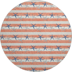 HomeRoots 8' Coral Ivory and Navy Blue Geometric Round Rug – Durable, Washable, UV-Protected for Coastal Style 646136