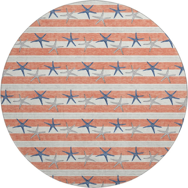 HomeRoots 8' Coral Ivory and Navy Blue Geometric Round Rug – Durable, Washable, UV-Protected for Coastal Style 646136